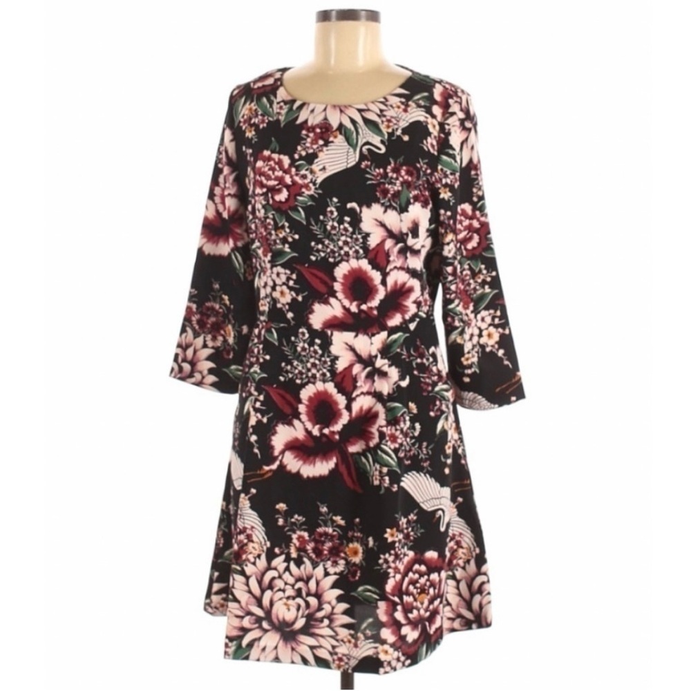 NICOLE MILLER Floral & Bird Print Black Dress 8